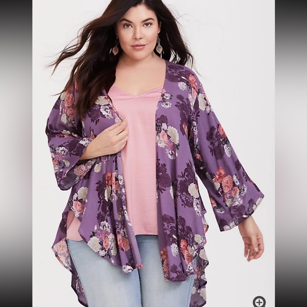 Torrid Purple Floral Crepe Kimono 3/4